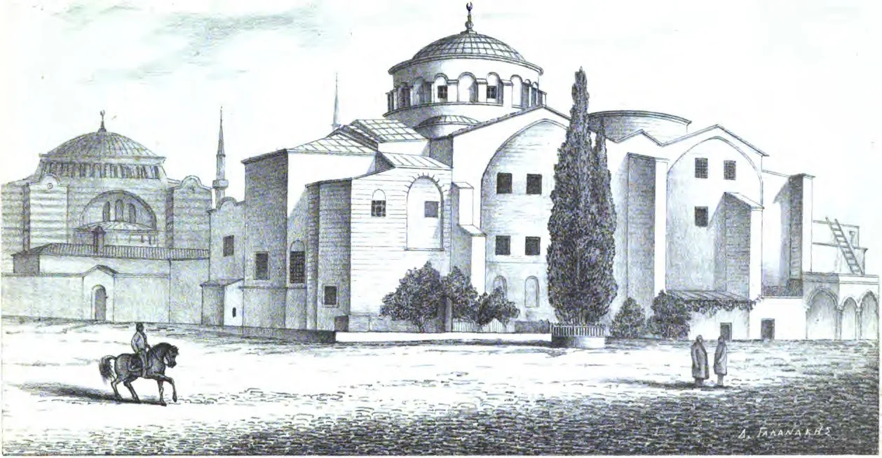 رسم لكنيسة آيا إيريني وقبّتها من الخارج نُشر في كتاب يوناني عن طوبوغرافيا القسطنطينية البيزنطية، 1877