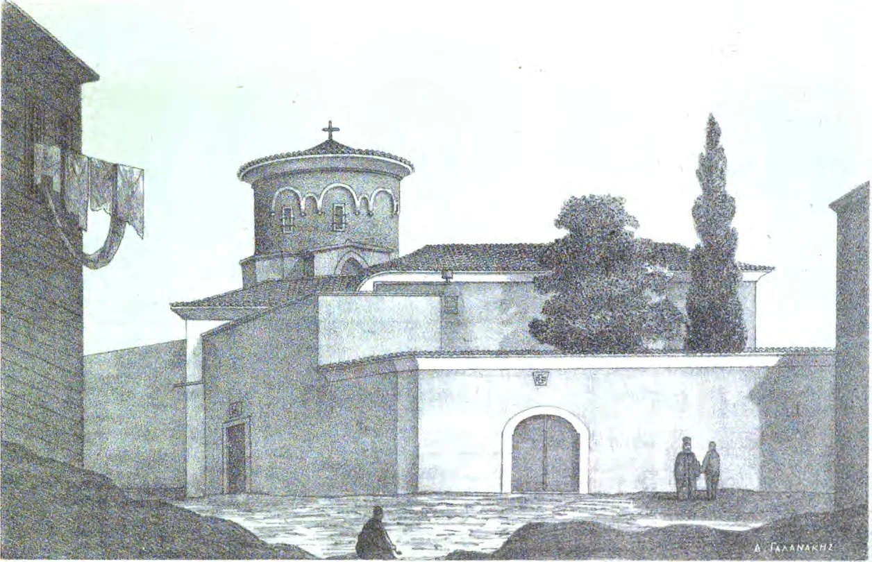 رسم للكنيسة وقبتها وسورها من كتاب عن طوبوغرافية القسطنطينية البيزنطية، 1877