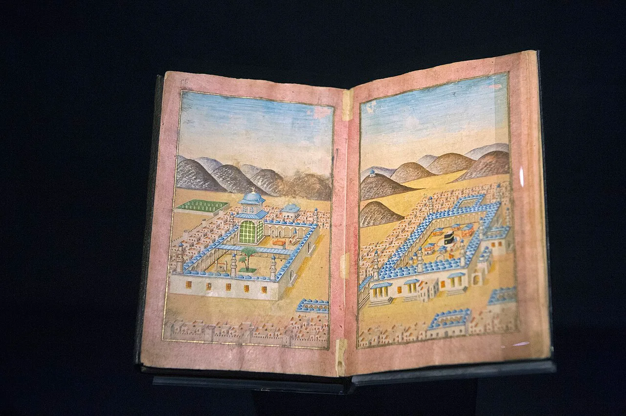 كتاب مفتوح على رسم للحرمين في مكة والمدينة، 1790، من مجموعة متحف ثاقب صبنجي